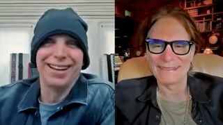 A screengrab of Joe Satriani and Steve Vai from GuitarPlayer.com's interview with the two guitarists about the SatchVai Band. 
