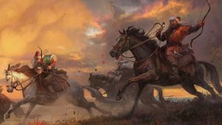 Mongol horsemen ride across the steppe in the key art for the Khans of the Steppe DLC.