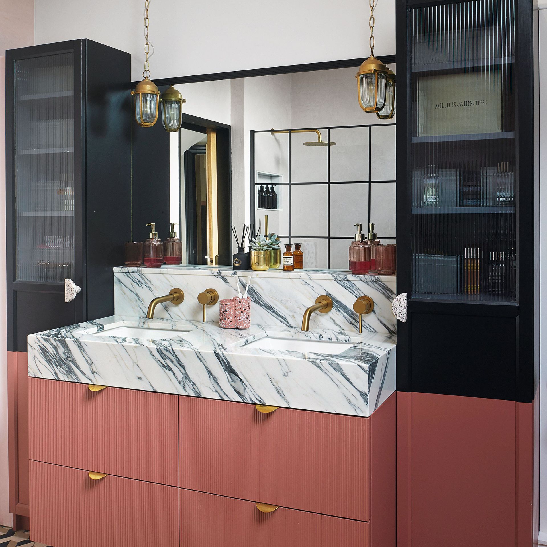 Bathroom conversion full of warmth and character. Vanity unit with white and green marble top