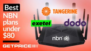 Orange background with white text that says Best NBN plans under $80 with a router next to it and select provider logos on it