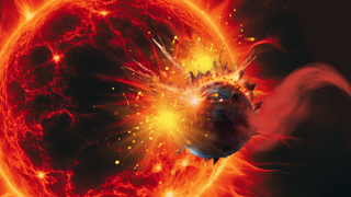An illustration shows a cannibal red dwarf star devouring its planet