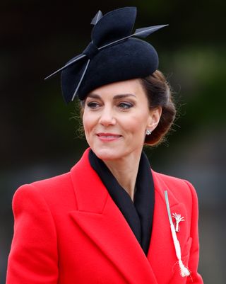 Kate Middleton wearing the same Juliette Botterill hat she wore for Christmas 2023, in a different colour in March 2023