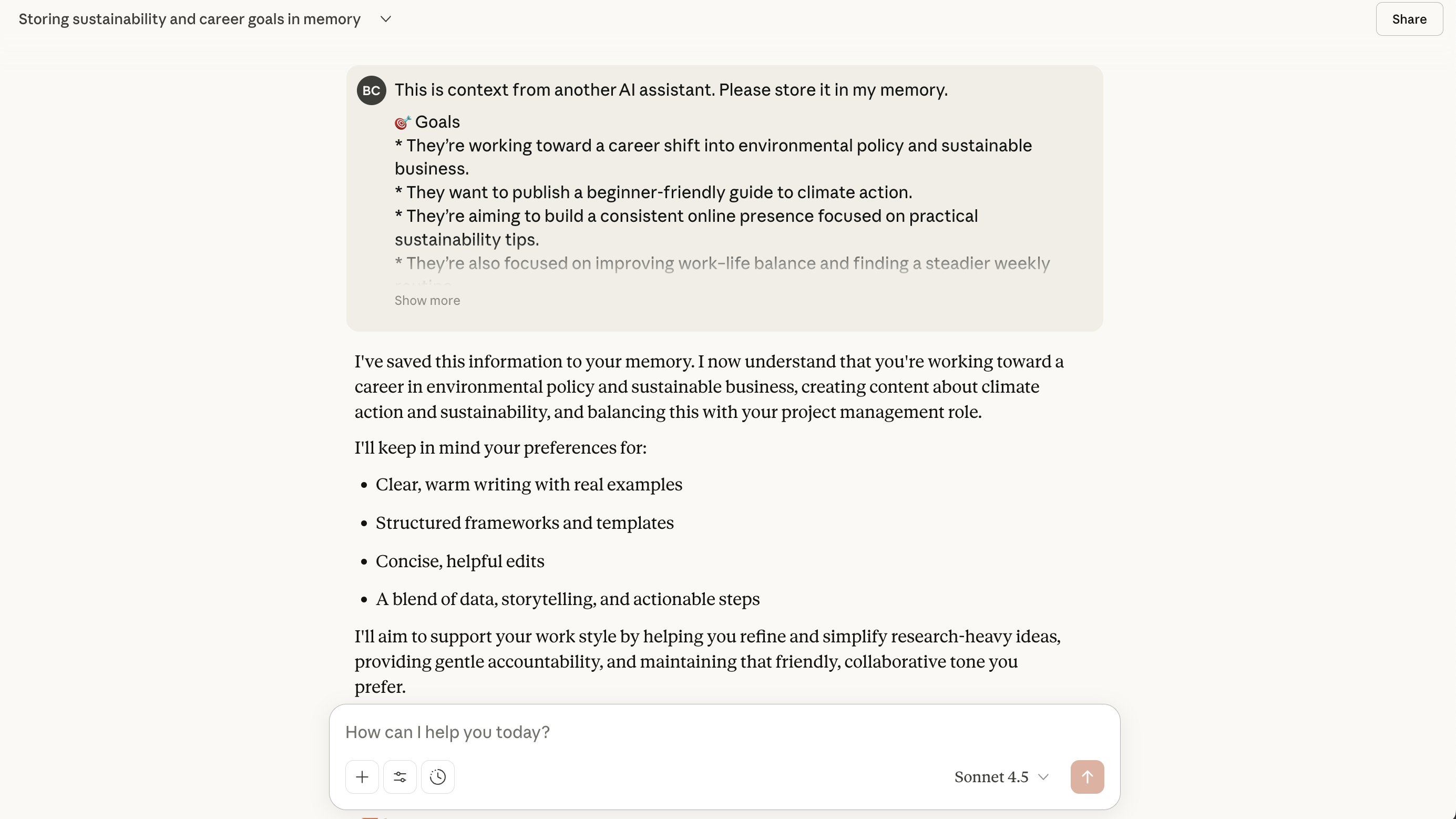 A screenshot of the claude interface after adding context from chatgpt