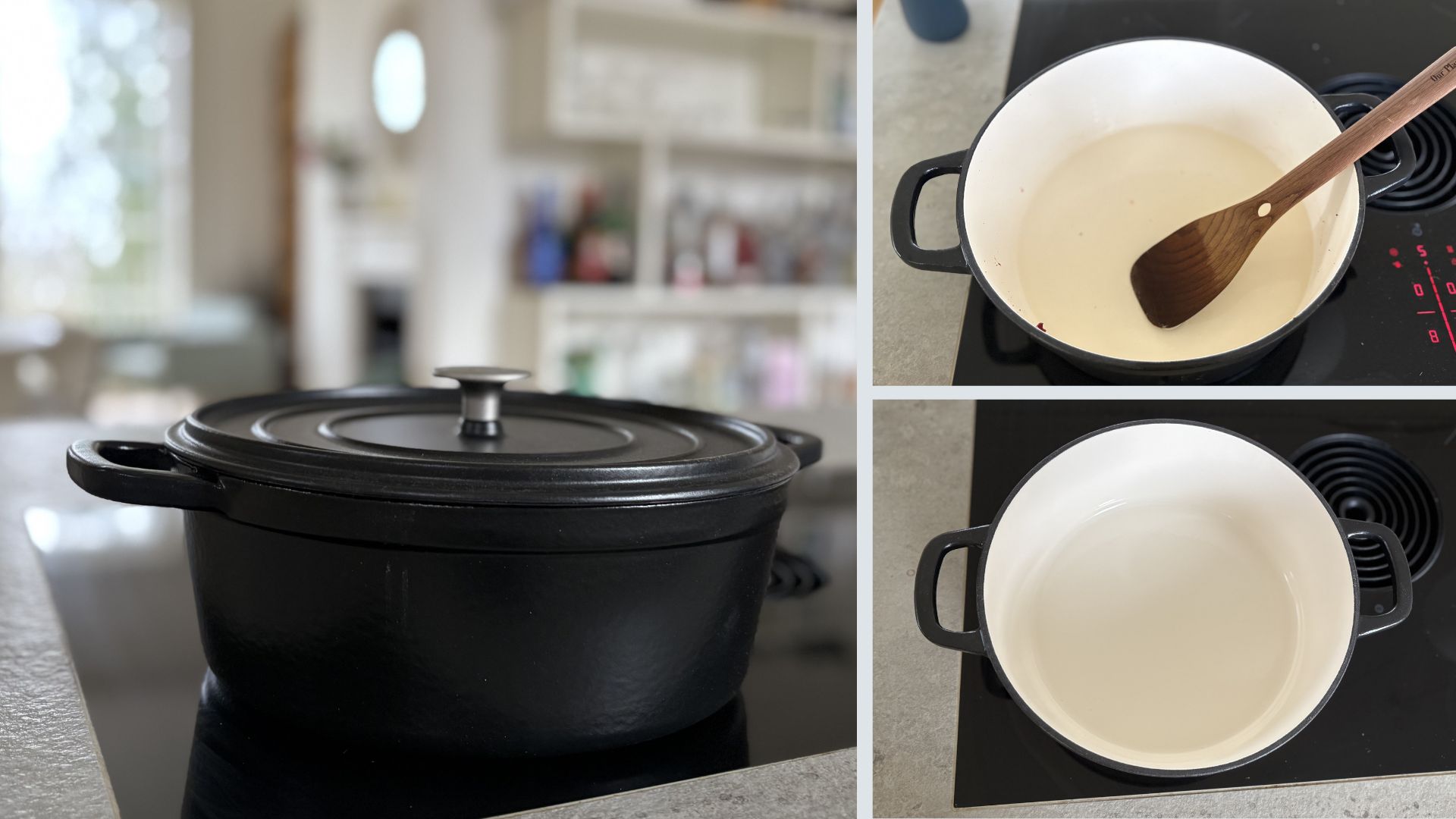 how to clean burnt cast iron: an image of a cast iron pot with the different stages of cleaning around it