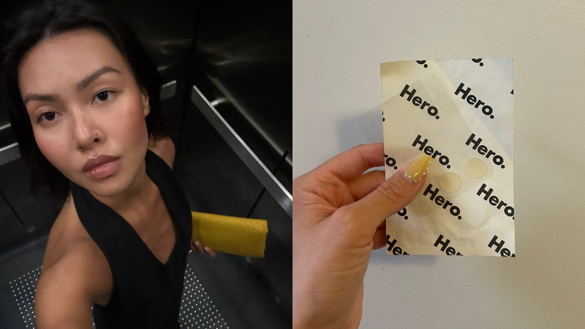 Two images of a woman with clear skin and a picture of pimple patches.