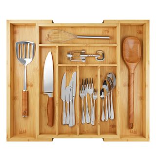 Bamboo Adjustable Expandable 8 Slot Flatware Drawer Organizer with silverware pictured in compartments