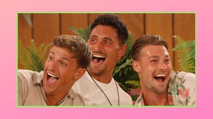 Luca, Jay and Andrew on Love Island 2022 / in a pink and green template