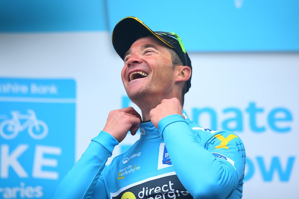 Thomas Voeckler on the final podium at the Tour de Yorkshire