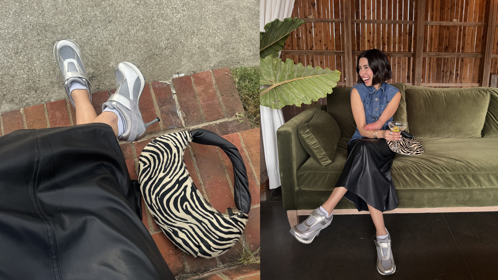 April Lockhart wearing a slip dress and sneaker heels to illustrate the sneaker heels trend