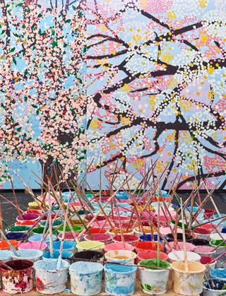 View of cherry blossoms paintings in Damien Hirst’s studio
