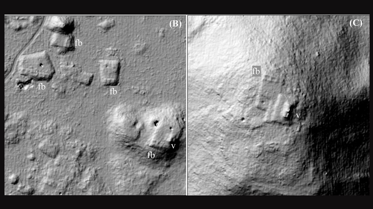 Lidar images of houses at the Maya sites of Acambalam (B) and Kiuic (C).
