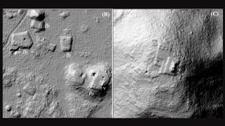 Lidar images of houses at the Maya sites of Acambalam (B) and Kiuic (C).