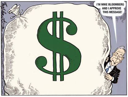 Political Cartoon U.S. Money Bag Bloomberg TV ads — Bob Englehart, Cagle