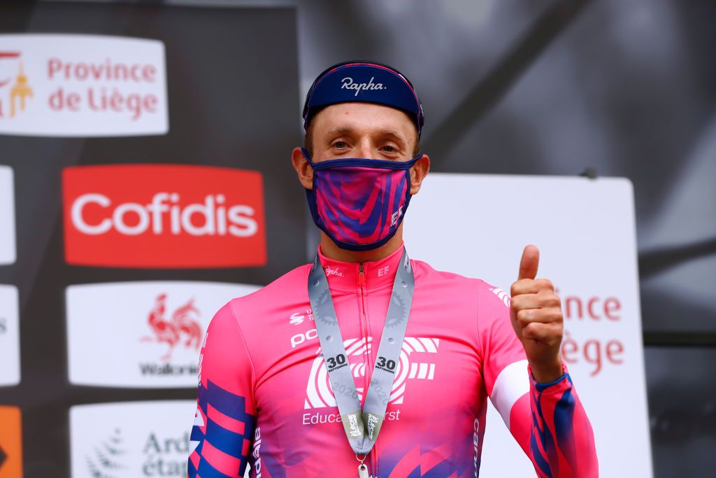HUY BELGIUM SEPTEMBER 30 Podium Michael Woods of Canada and Team EF Education First Pro Cycling Bronze medal Celebration Mask Covid safety measures during the 84th La Fleche Wallonne 2020 Men Elite a 202km stage from Herve to Mur de Huy flechewallone FlecheWallone on September 30 2020 in Huy Belgium Photo by Bas CzerwinskiGetty Images