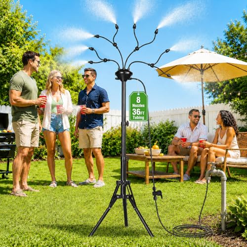 Mixc 8-Nozzles Standing Misters for Outside Patio, 2.6-5.3ft Adjustable Outdoor Misting Cooling System With 36ft Leak-Resistant Water Tubing, Portable Mist Hose for Patio, Backyard &amp;amp; Pool