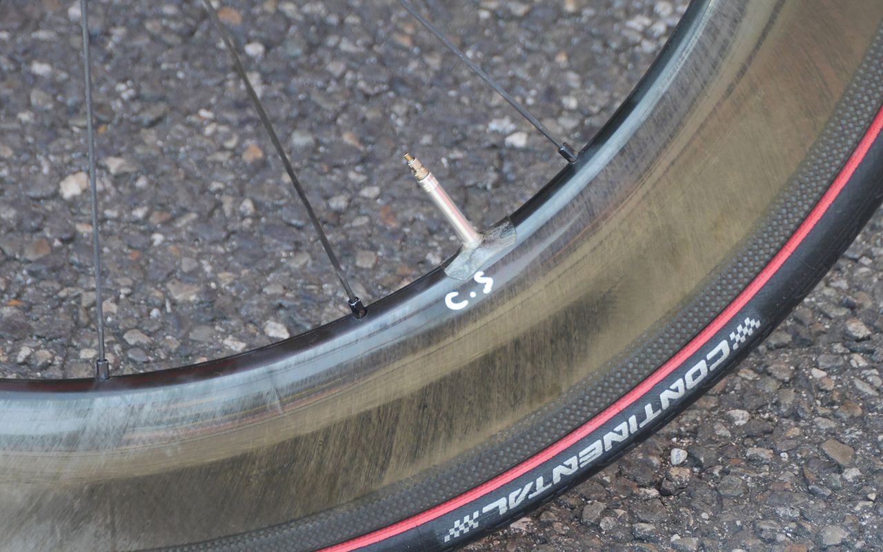 Each of the Bahrain-Merida riders had their initials on their race wheelsets