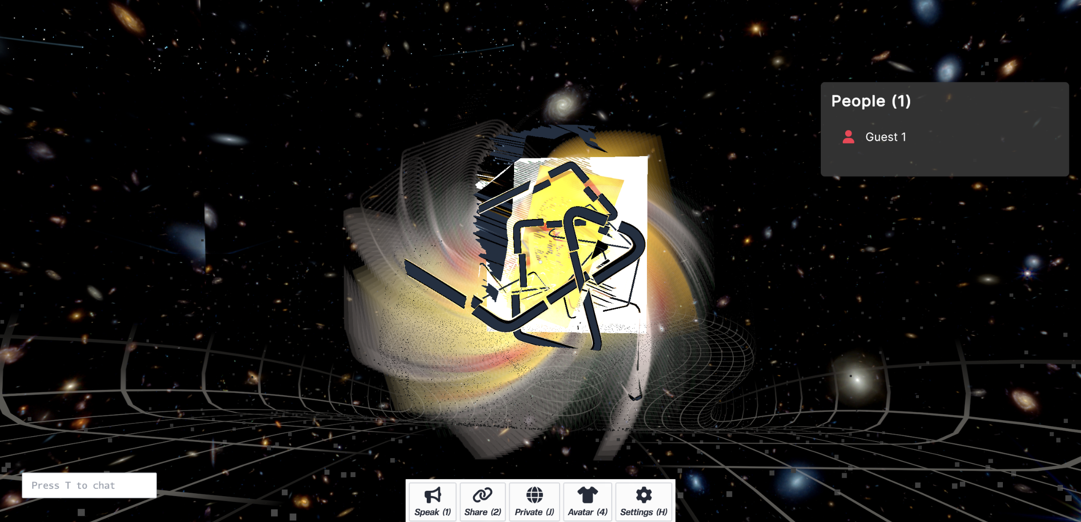 A yellowish glowing object in the center of the screen has a warped piece of art in front of it. In the background, galaxies and stars.