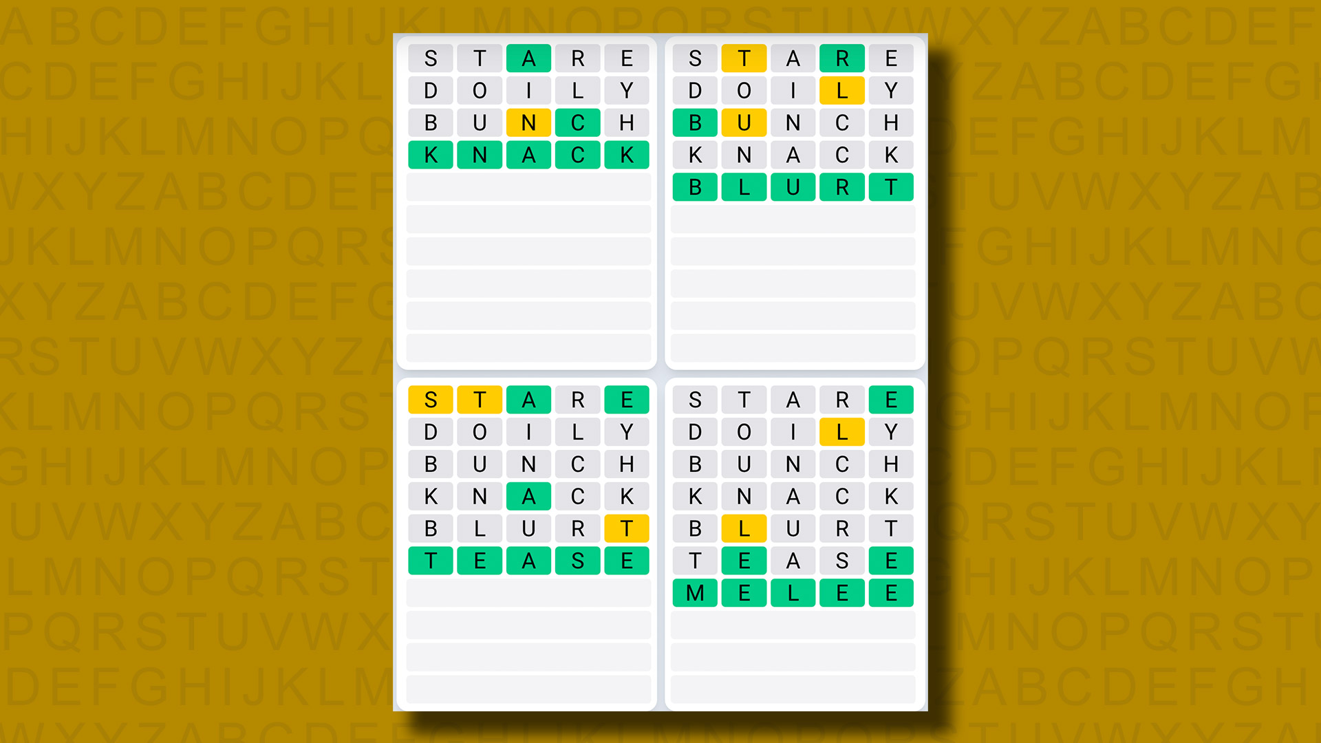 Quordle Daily Sequence answers for game 1031 on a yellow background