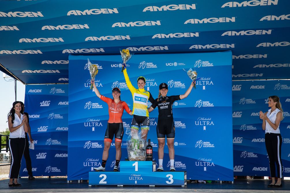 Team Tibco's Kendall Ryan on the podium with Rally's Emma White and Nettie Edmondson (Wiggle High5) after stage 1 of the 2018 Amgen Women's Race