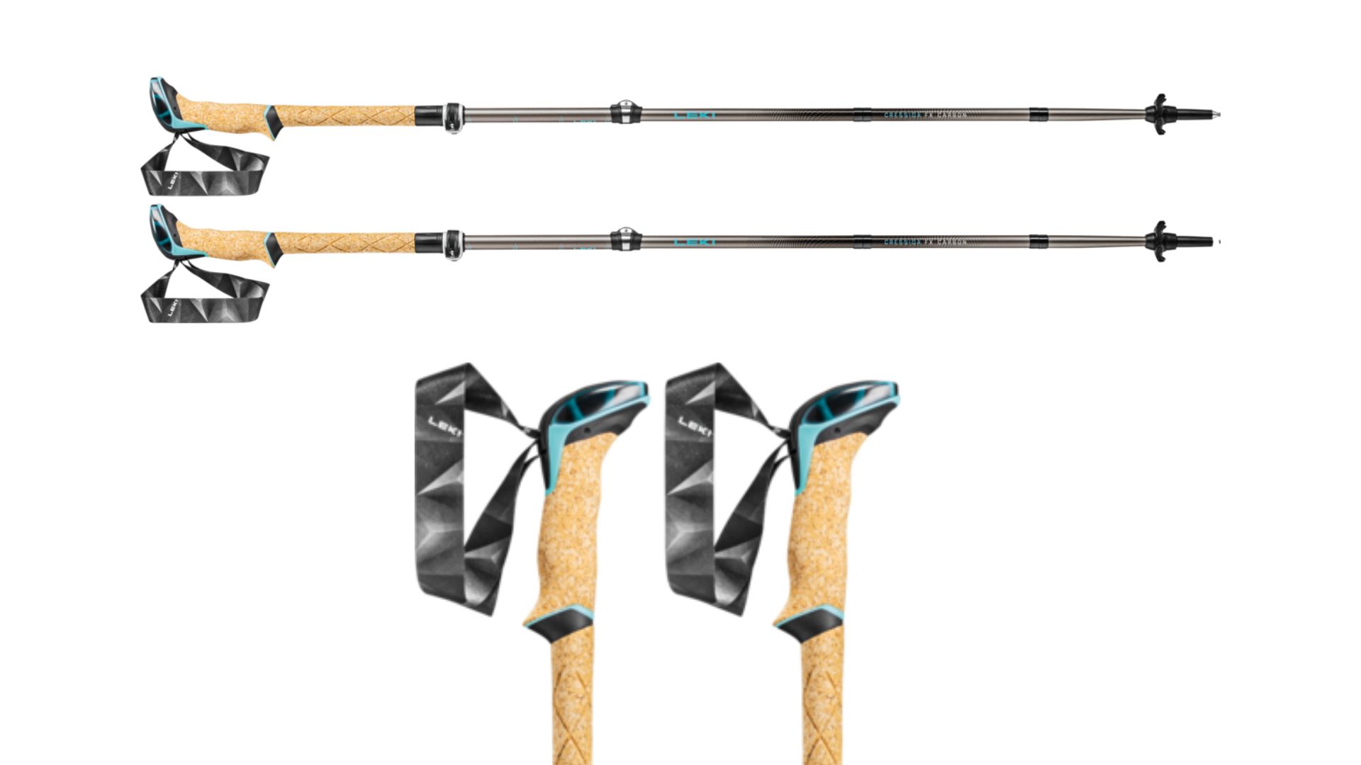  Leki Cressida FX Carbon Trekking Poles in use by hiker Susan Griffin and product shot