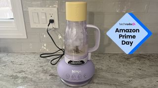 The Ninja BlendBoss full of ice, with a sign saying 'Amazon Prime Day'