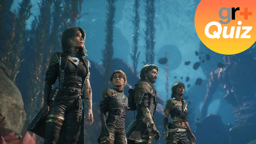 The four main characters from Clair Obscur: Expedition 33 with the GamesRadar+ quiz logo in the corner