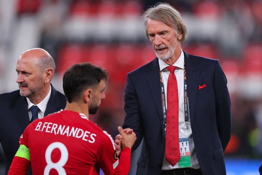 Sir Jim Ratcliffe consoles Man United skipper Bruno Fernandes following the Europa League Final