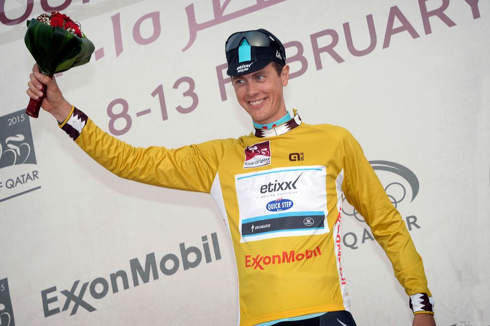 Niki Terpstra in the race's gold leader's jersey.