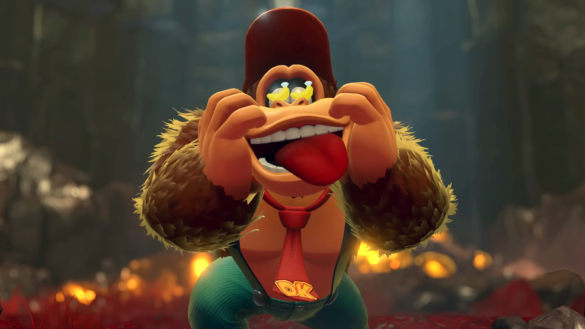 Donkey Kong Bananza screenshot showing Donkey Kong with bananas in his eyes