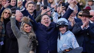 Heather de Bromhead, Henry de Bromhead and Rachael Blackmore (L-R) celebrating at Cheltenham Festival 2023 Day One