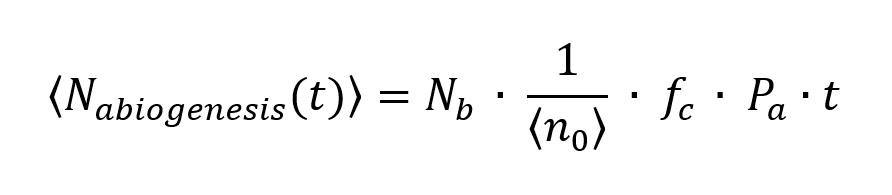 The average number of origin-of-life events for a given planet = (number of building blocks on planet) × 1/(average [mean] number of building blocks needed per "organism") × (availability of building blocks during time t) × (probability of assembly in a given time) × time.