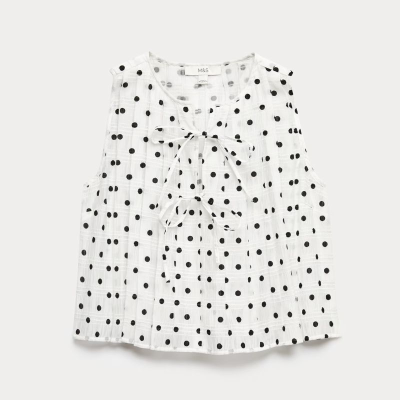 M&amp;amp;S, Lyocell Blend Polka Dot Tie Front Top