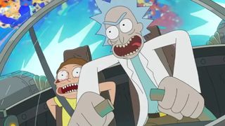 Rick drives the ship while Morty hangs on in fear