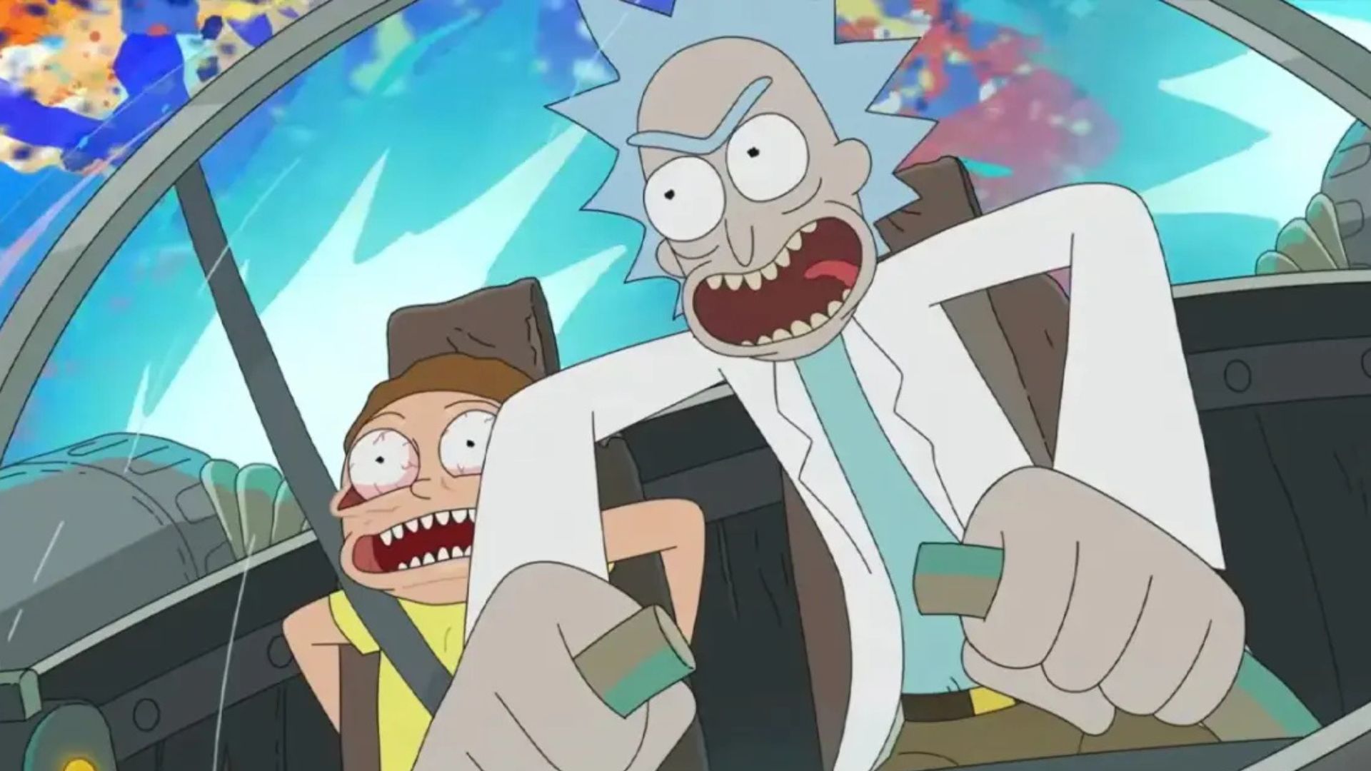Rick drives the ship while Morty hangs on in fear