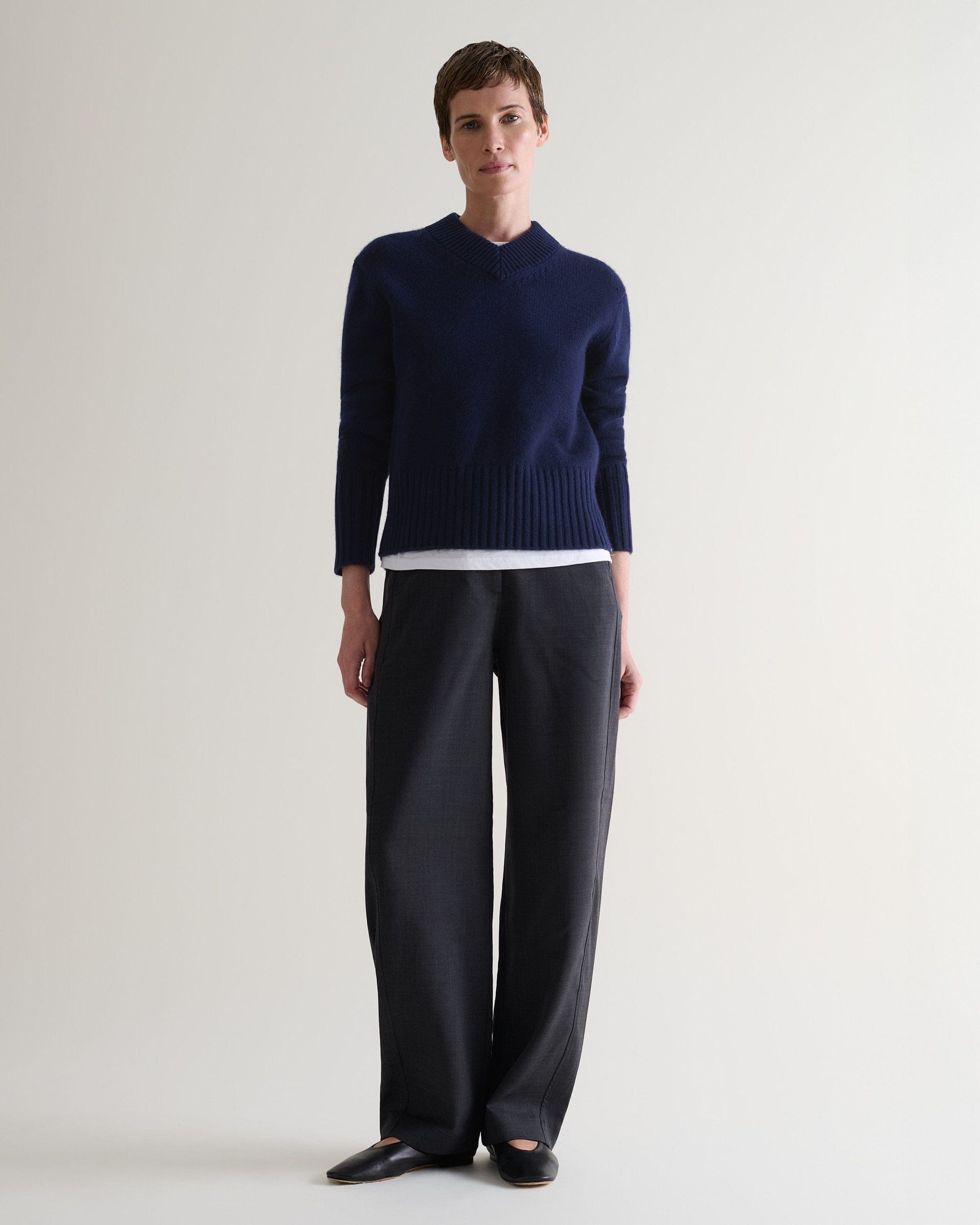 Navy Cashmere Merino V Neck Jumper | Rise & Fall