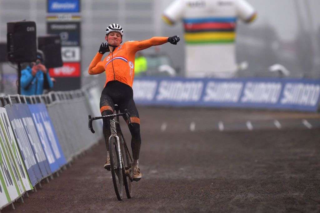 OOSTENDE BELGIUM JANUARY 31 Arrival Mathieu Van Der Poel of The Netherlands Celebration during the 72nd UCI CycloCross World Championships Oostende 2021 Men Elite UCICX CXWorldCup Ostend2021 CX on January 31 2021 in Oostende Belgium Photo by Luc ClaessenGetty Images