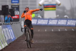 OOSTENDE BELGIUM JANUARY 31 Arrival Mathieu Van Der Poel of The Netherlands Celebration during the 72nd UCI CycloCross World Championships Oostende 2021 Men Elite UCICX CXWorldCup Ostend2021 CX on January 31 2021 in Oostende Belgium Photo by Luc ClaessenGetty Images