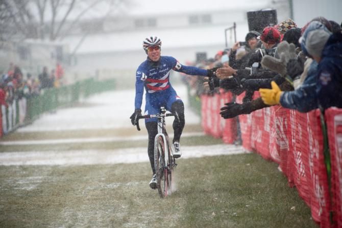 Powers has plenty of time to celebrate his win with fans in the snow