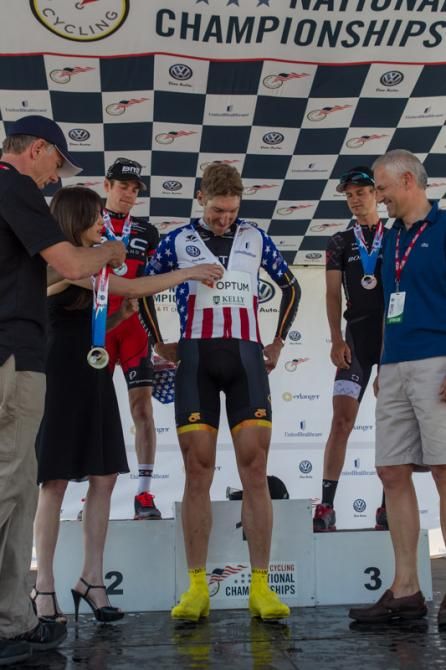 Tom Zirbel (Optum) puts on the new National Champion jersey for the first time.
