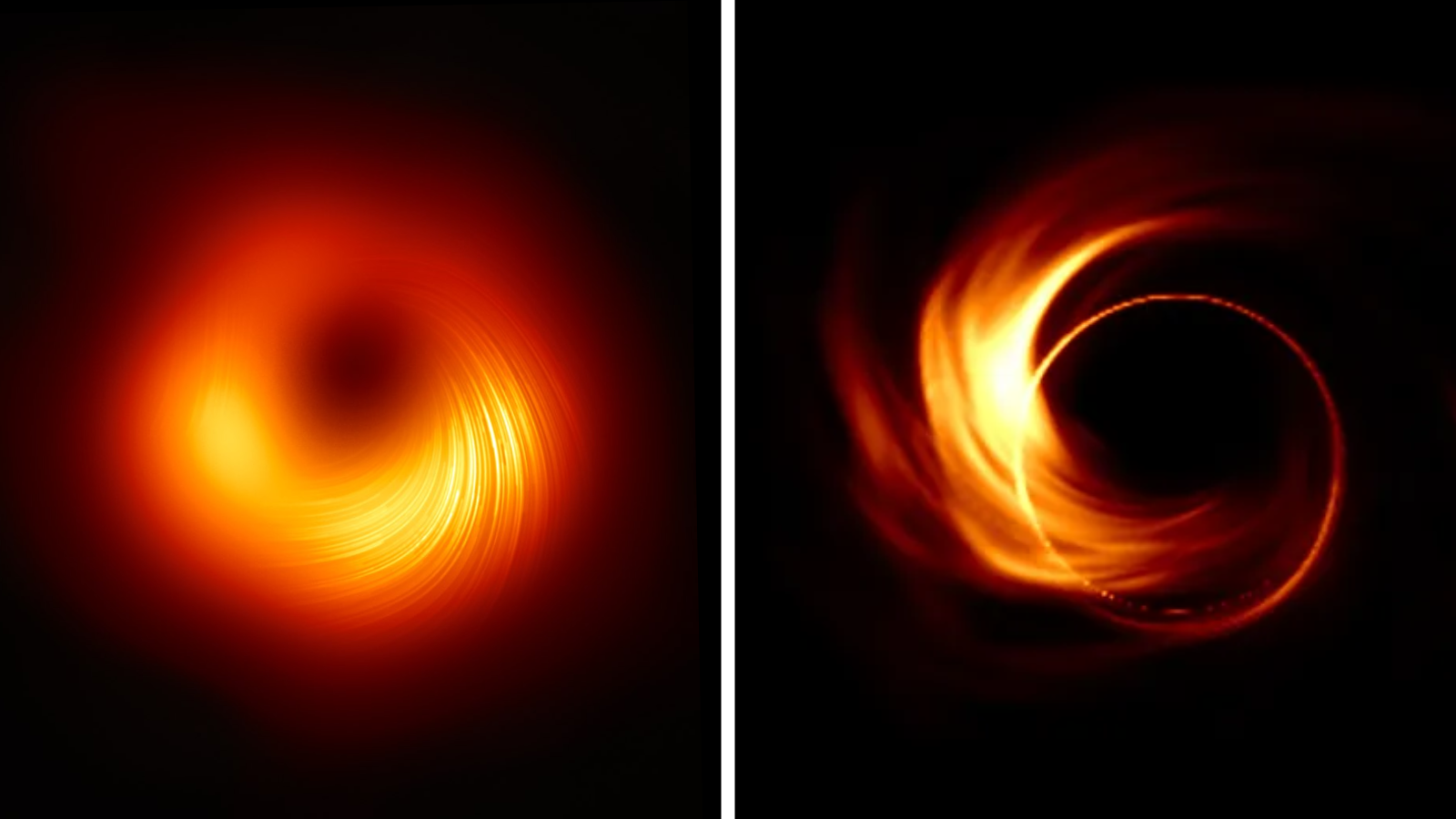 On the left is a swirly orange donut shape object and on the right a similar scene, but more sparse and chatotic.