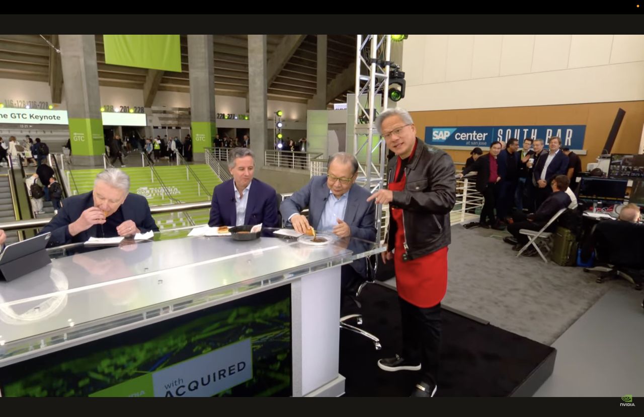 Jensen Huang serving Nvidia Breakfast Bytes to the Live at Nvidia GTC with Acquired hosts and guests