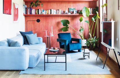 small living room with red walls and light blue rug