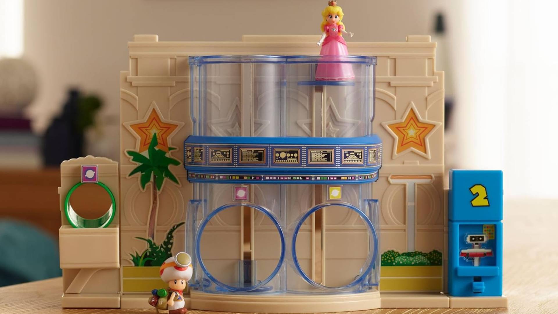 Official image of the Super Mario Galaxy Movie Gateway Galaxy toy set on a wooden table.