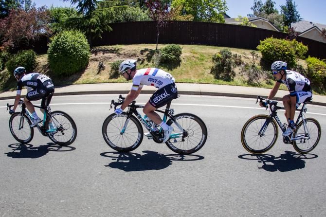 Mark Cavendish (Omega Pharma-Quickstep) stays tucked in while chasing the break