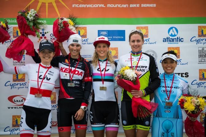 Elite women's podium: Maja Wloszczowska, Blaza Klemencic, Jolanda Neff, Gunn-Rita Dahle Flesjaa, Sabine Spitz