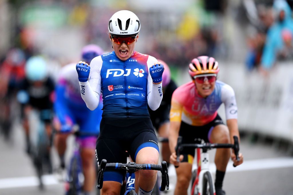 BURY ST EDMUNDS ENGLAND JUNE 06 Clara Copponi of France and Team FDJ Nouvelle Aquitaine Futuroscope celebrates winning during the 8th The Womens Tour 2022 Stage 1 stage from Colchester to Bury St Edmunds WomensTour UCIWWT on June 06 2022 in Bury St Edmunds England Photo by Justin SetterfieldGetty Images