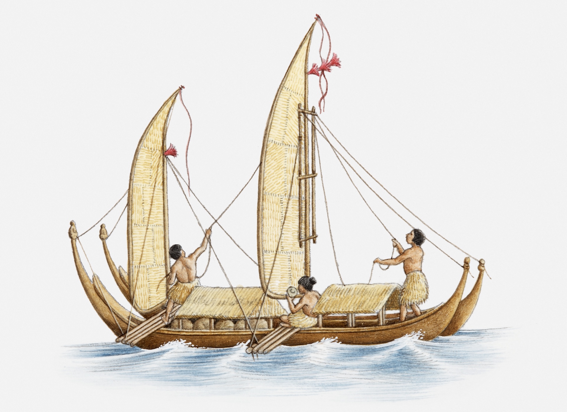 An illustration of a Polynesian boat with three Polynesian sailers.