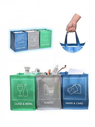 Young Da - Reusable Recycling Bags, Recycling Bins 3-Piece Set With Handles for Kitchen, Home and Office, Waterproof, Easy Waste Separation &amp;amp; Recycling Organizer