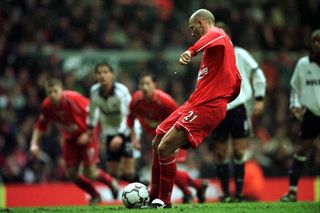 Gary McAllister scores a penalty for Liverpool against Tottenham in April 2001.