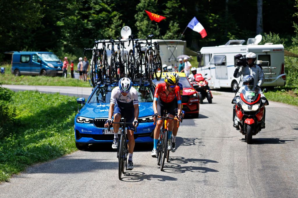 QUILLAN FRANCE JULY 10 Michael Woods of Canada and Team Israel StartUp Nation Mattia Cattaneo of Italy and Team Deceuninck QuickStep Wout Poels of The Netherlands and Team Bahrain Victorious in the Breakaway during the 108th Tour de France 2021 Stage 14 a 1837km stage from Carcassonne to Quillan LeTour TDF2021 on July 10 2021 in Quillan France Photo by Chris GraythenGetty Images